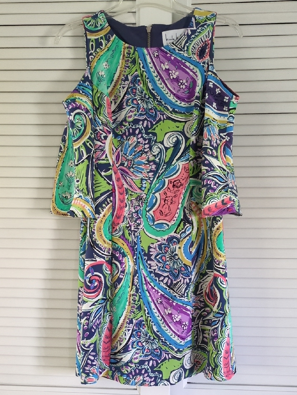 Nicole Miller NY Colorful Paisley Cold-Shoulder Bell Slv Dress. Sz 4. Multicolor